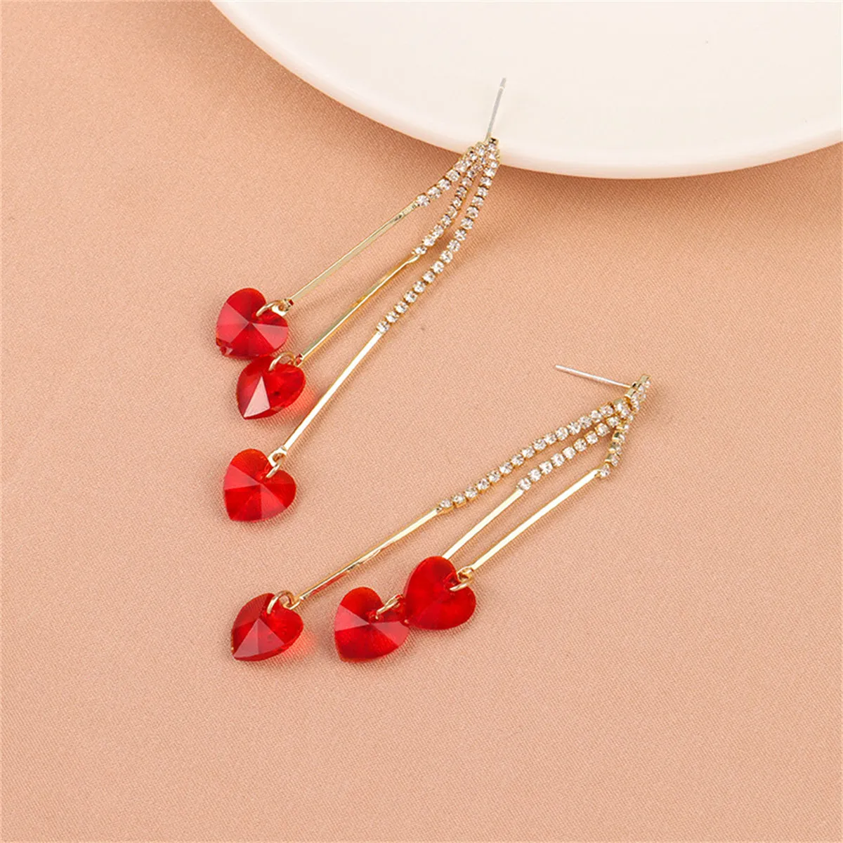 Red Crystal & Cubic Zirconia Heart Tassel Drop Earrings