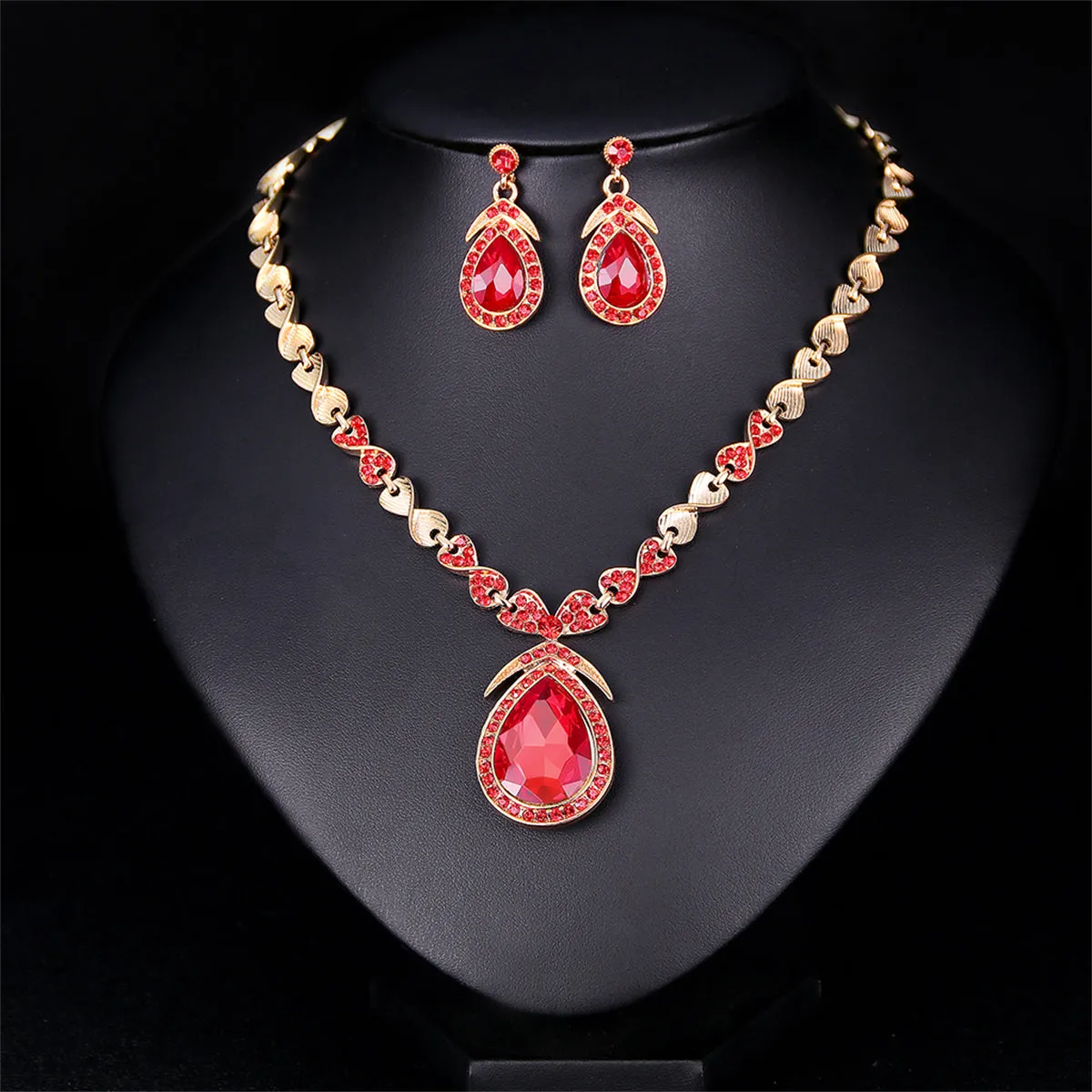 Red Crystal & Cubic Zirconia Pendant Necklace & Drop Earrings
