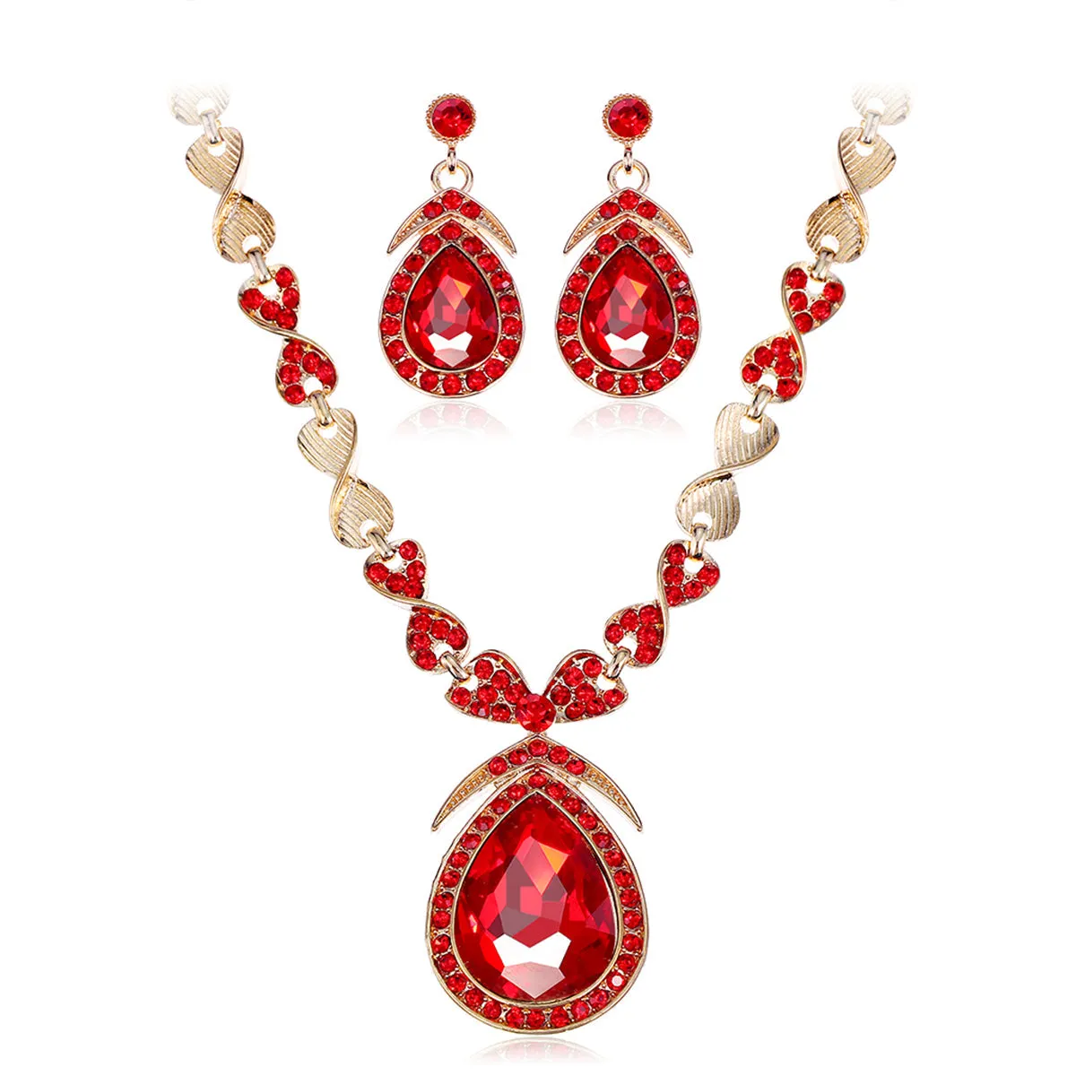 Red Crystal & Cubic Zirconia Pendant Necklace & Drop Earrings