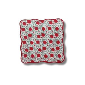 Red Floral Indian Block Print Scalloped Cotton Napkins