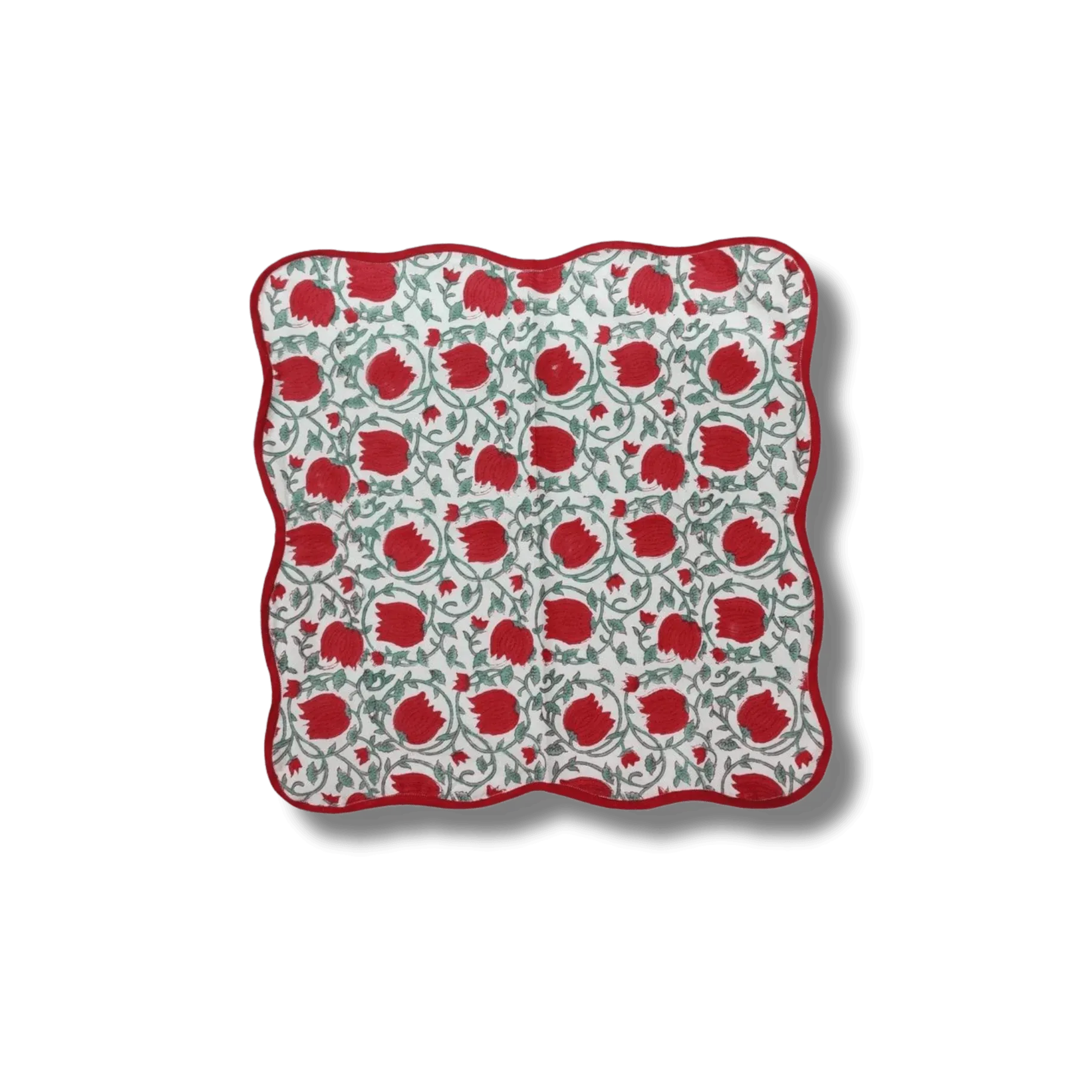 Red Floral Indian Block Print Scalloped Cotton Napkins