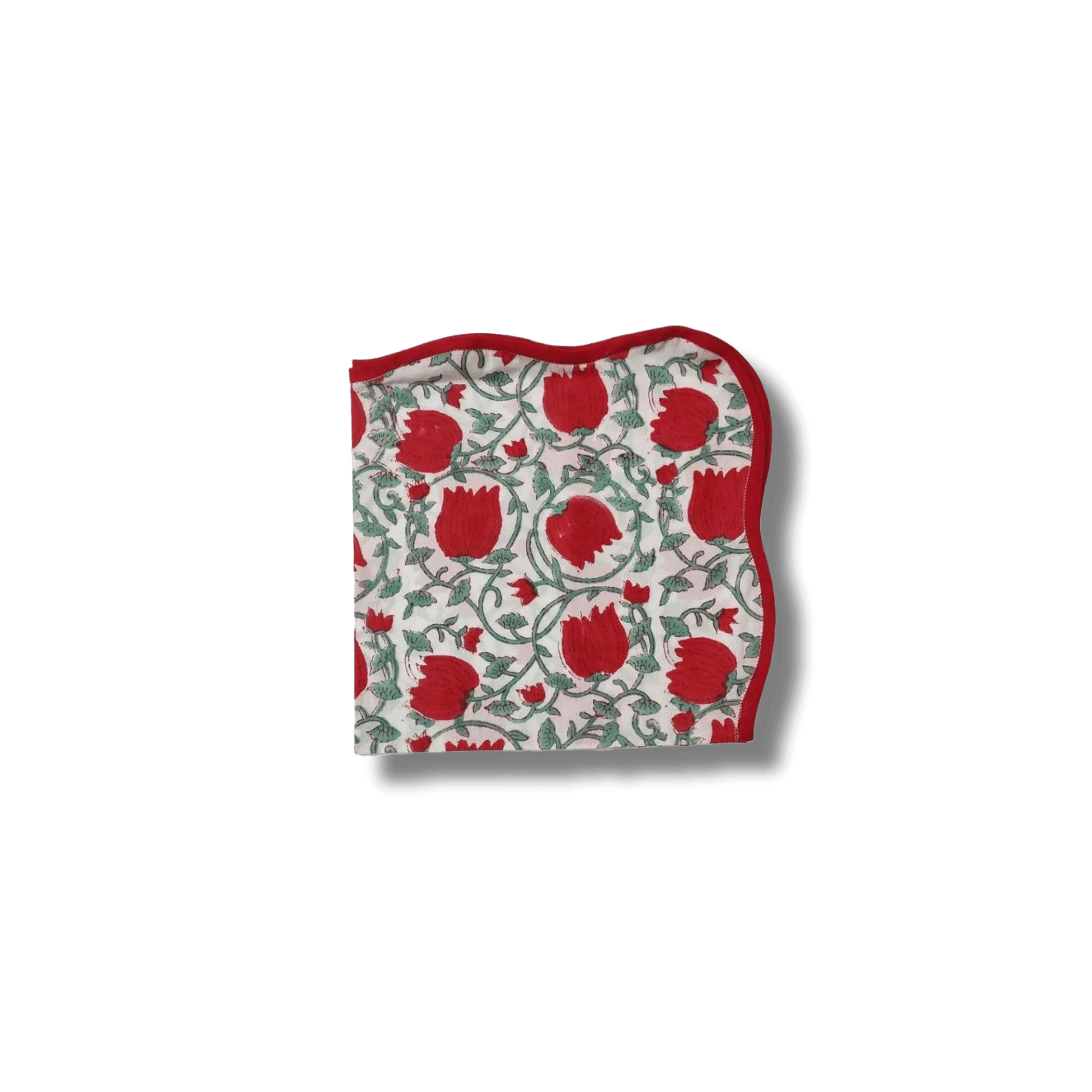Red Floral Indian Block Print Scalloped Cotton Napkins
