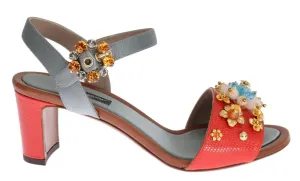 Red Leather Floral Crystal Sandals