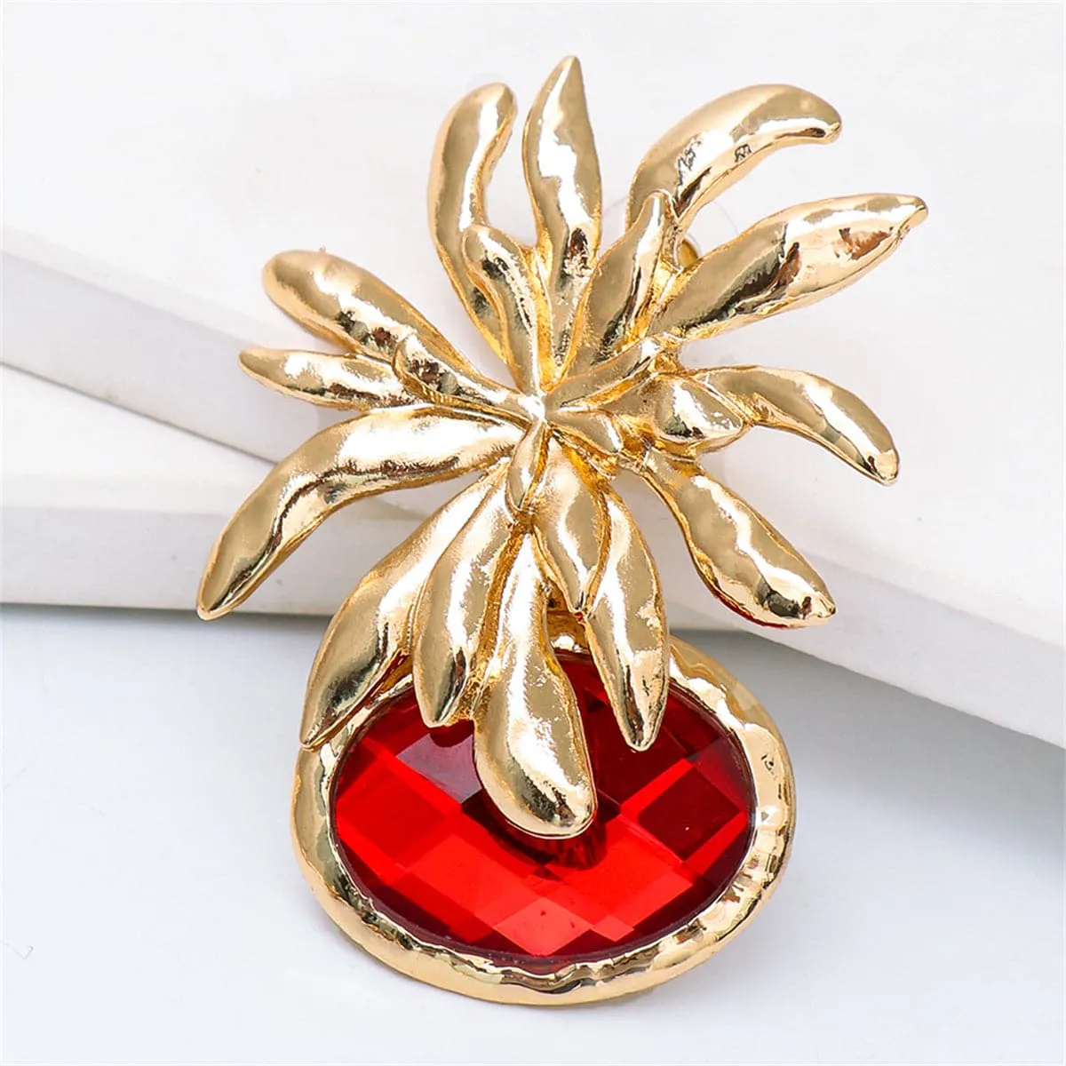 Red Oval Crystal & 18K Gold-Plated Flower Drop Earrings