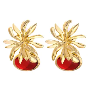 Red Oval Crystal & 18K Gold-Plated Flower Drop Earrings