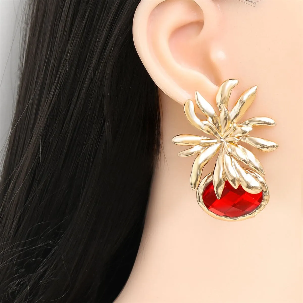 Red Oval Crystal & 18K Gold-Plated Flower Drop Earrings