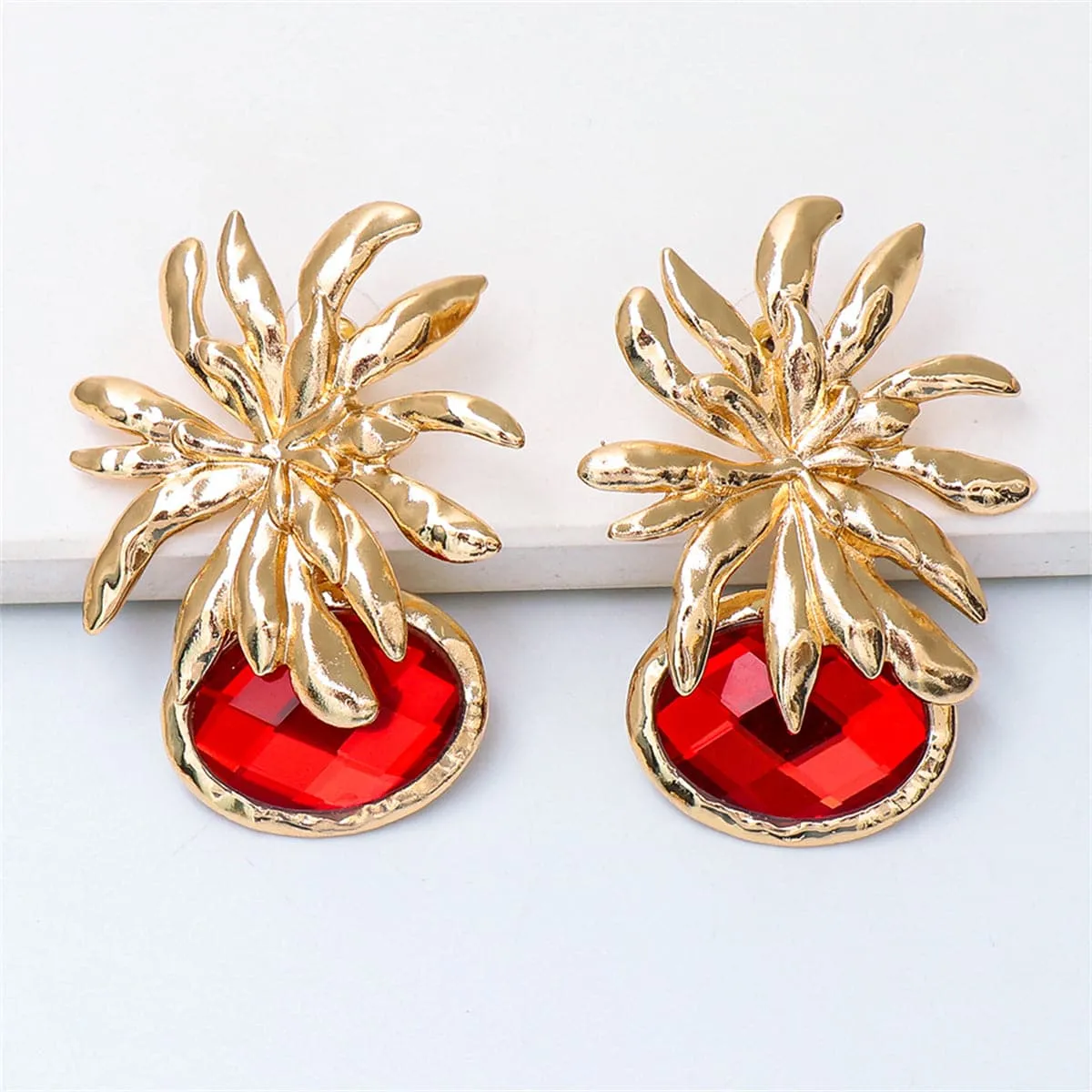 Red Oval Crystal & 18K Gold-Plated Flower Drop Earrings