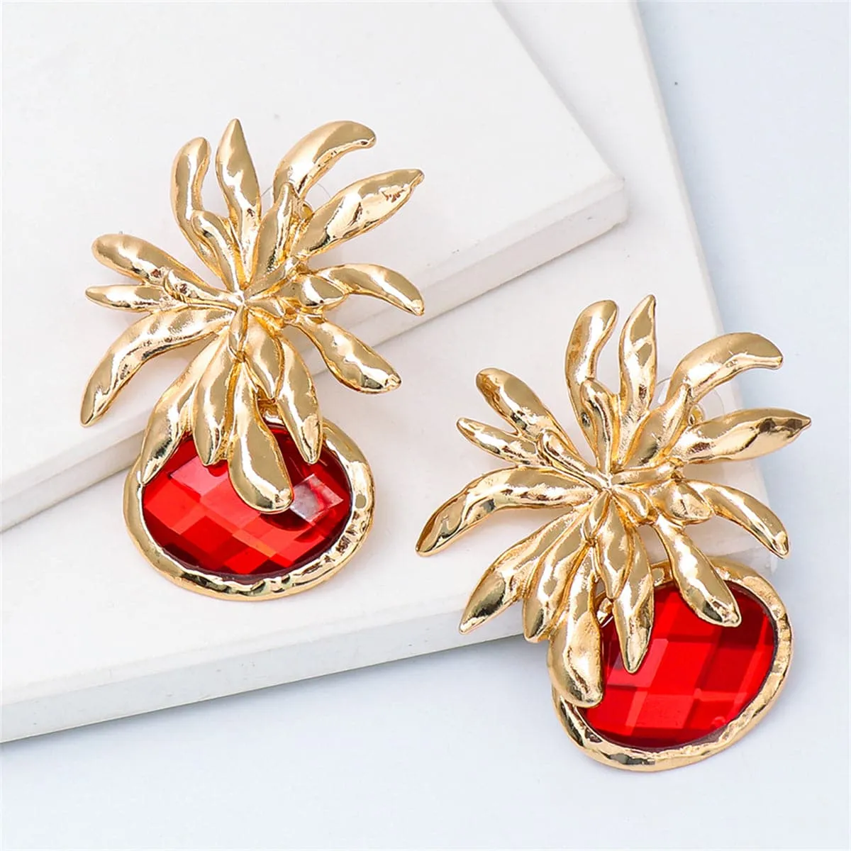 Red Oval Crystal & 18K Gold-Plated Flower Drop Earrings