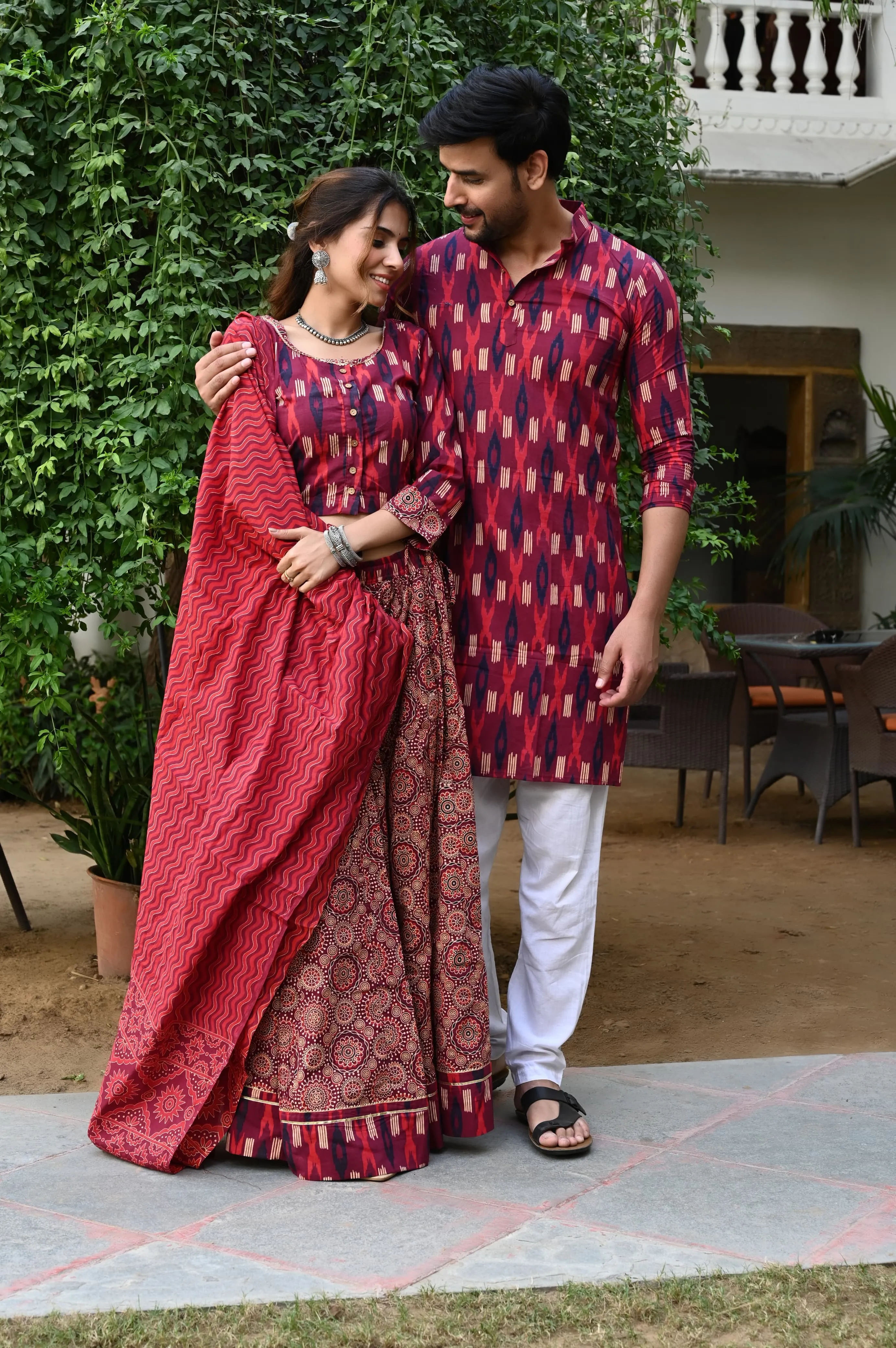 Red Pure Cotton Twinning Couple Set In Block Print