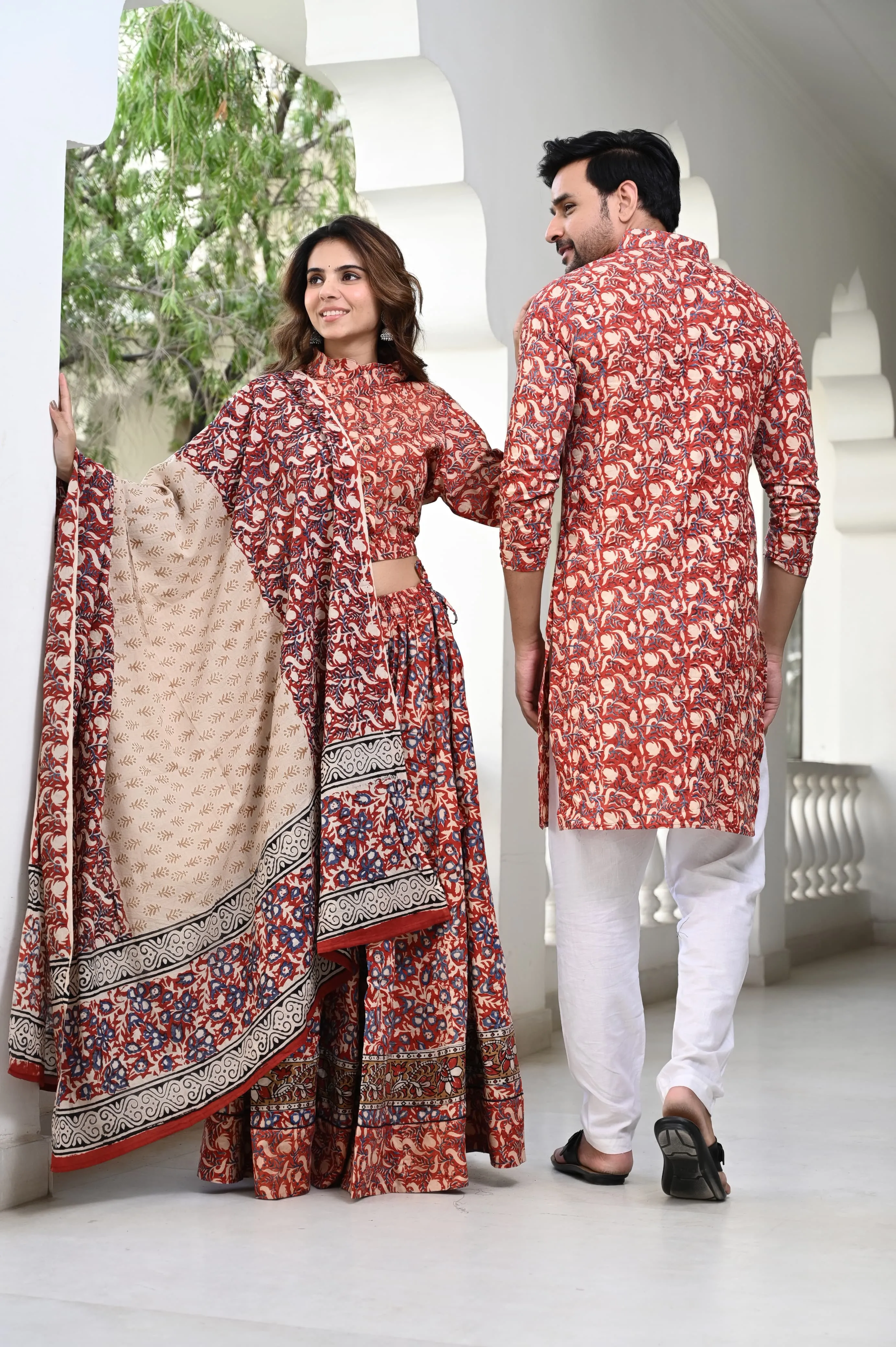 Red Pure Cotton Twinning Couple Set In Block Print