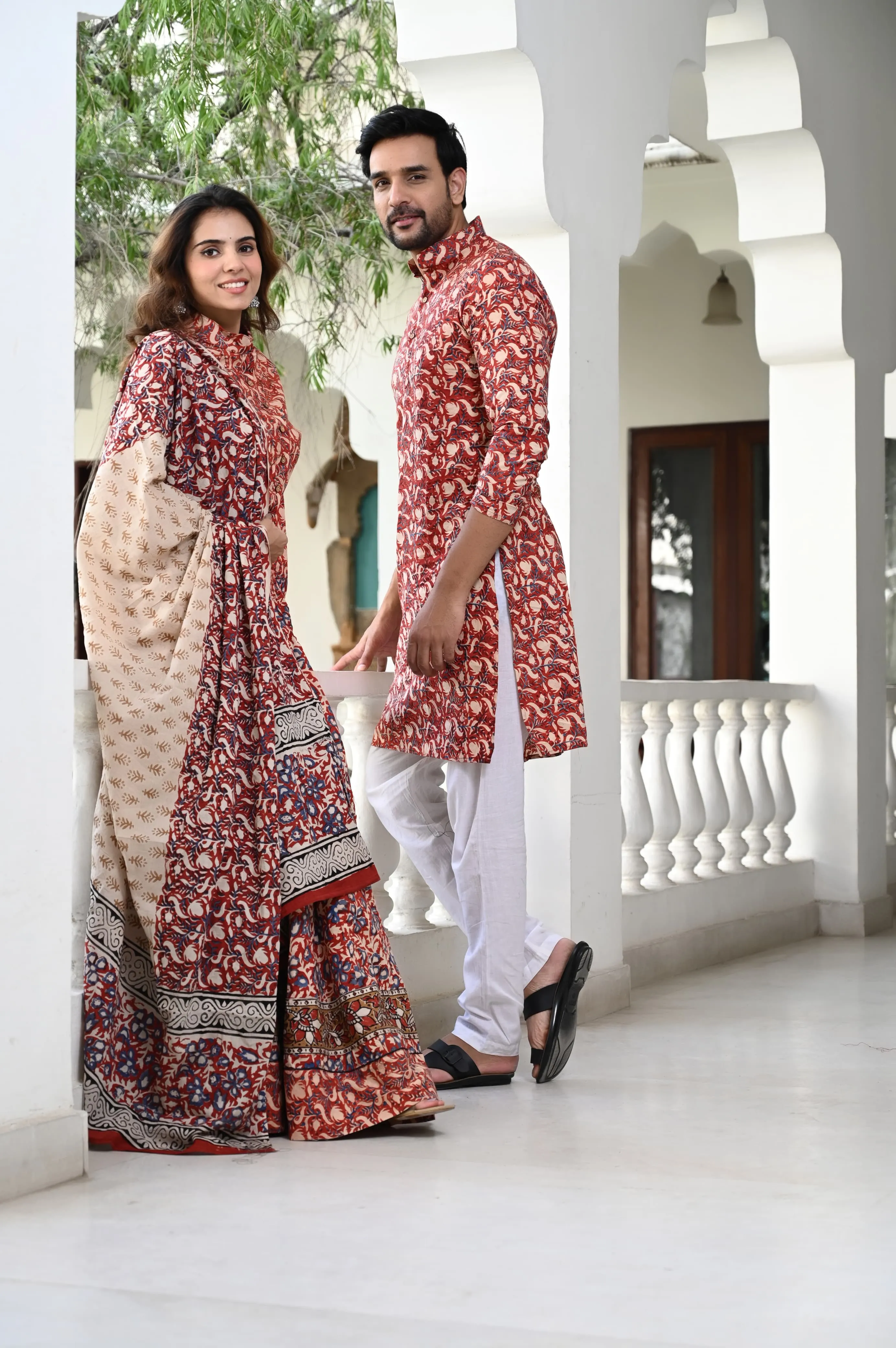 Red Pure Cotton Twinning Couple Set In Block Print