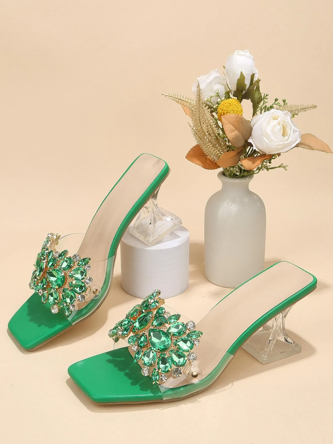 Rhinestone Decorated Buckle, Clear & Asymmetric Design Women's High Heel Wedding Sandals