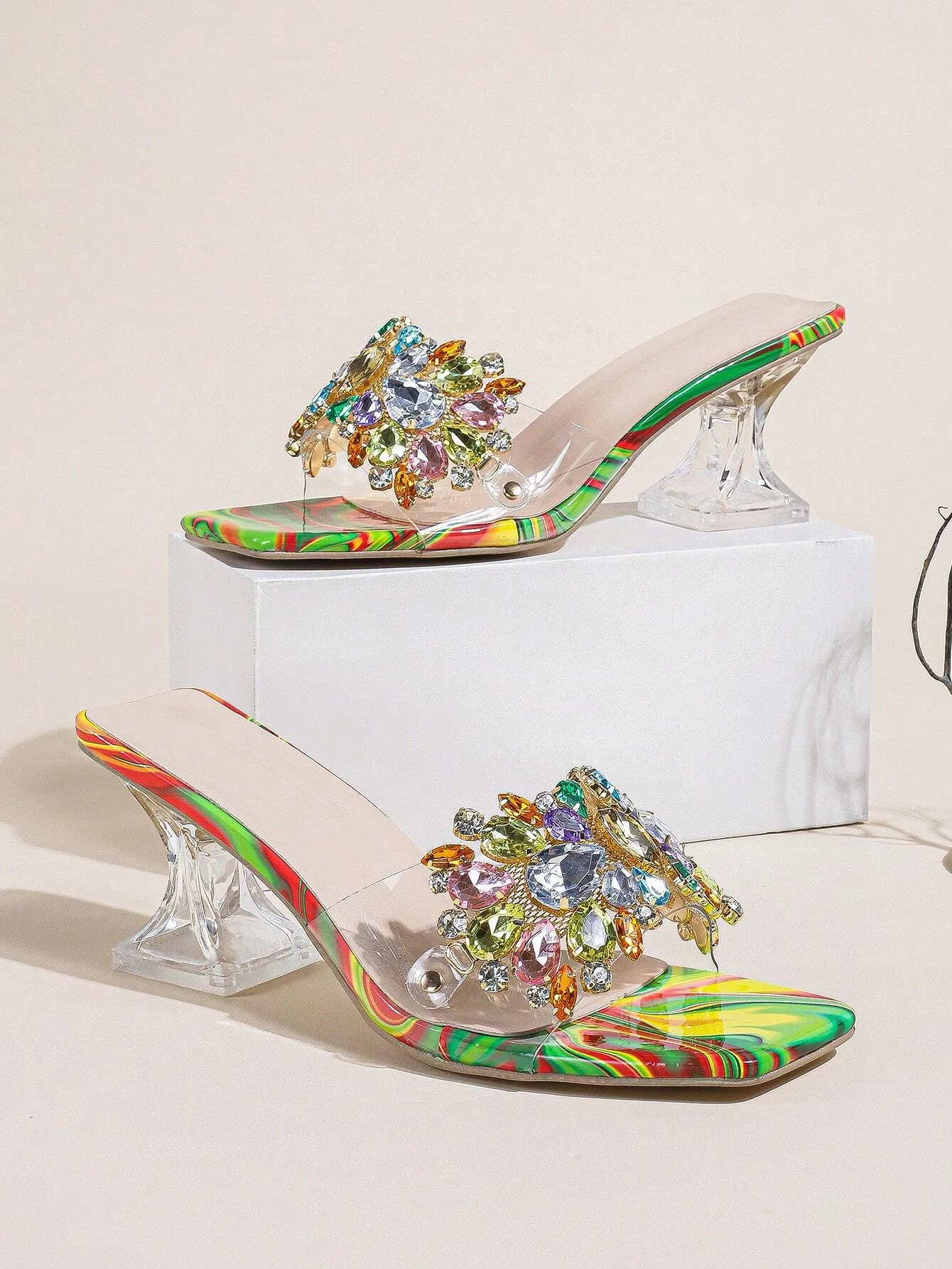 Rhinestone Decorated Buckle, Clear & Asymmetric Design Women's High Heel Wedding Sandals