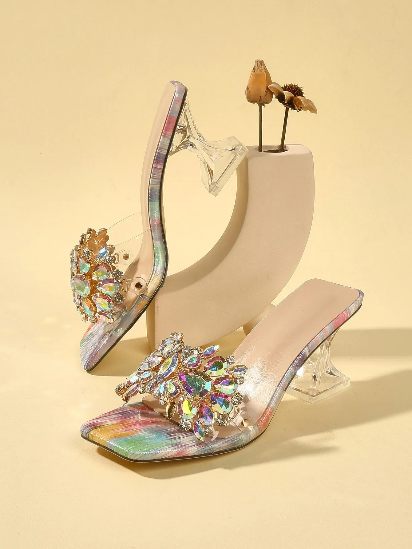 Rhinestone Decorated Buckle, Clear & Asymmetric Design Women's High Heel Wedding Sandals
