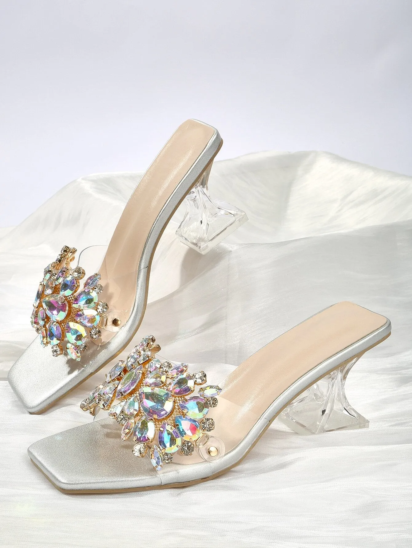 Rhinestone Decorated Buckle, Clear & Asymmetric Design Women's High Heel Wedding Sandals