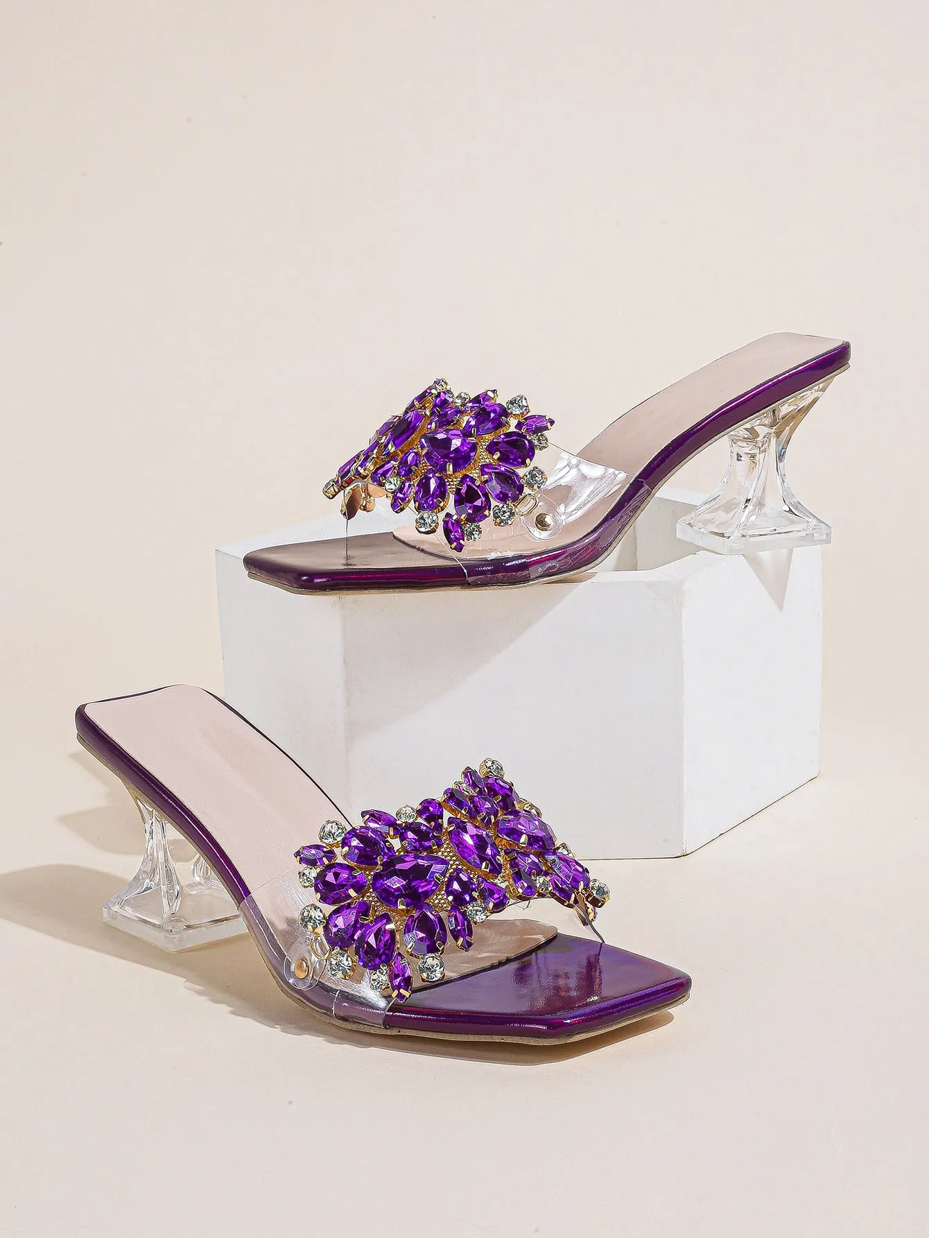 Rhinestone Decorated Buckle, Clear & Asymmetric Design Women's High Heel Wedding Sandals