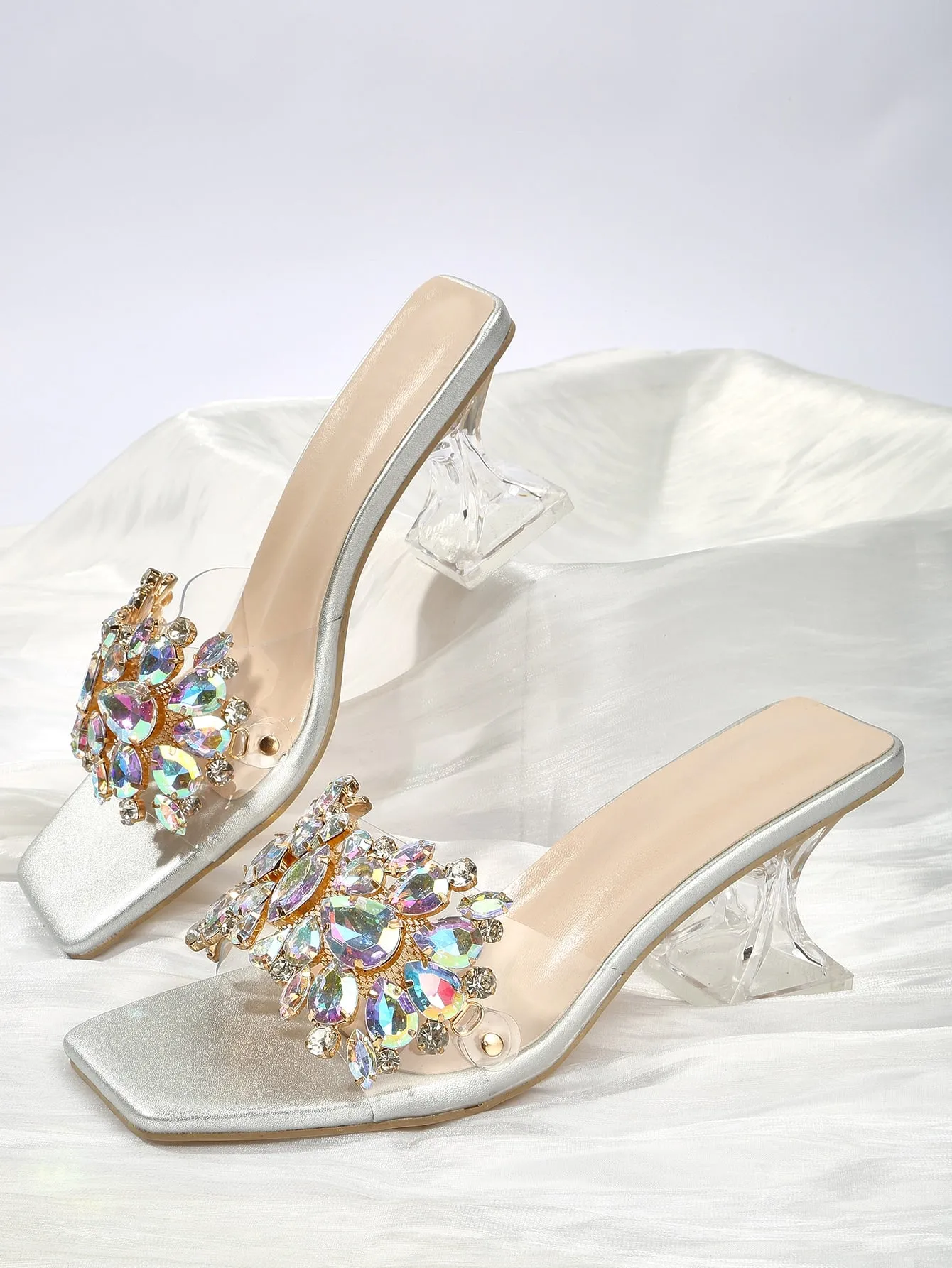 Rhinestone Decorated Buckle, Clear & Asymmetric Design Women's High Heel Wedding Sandals