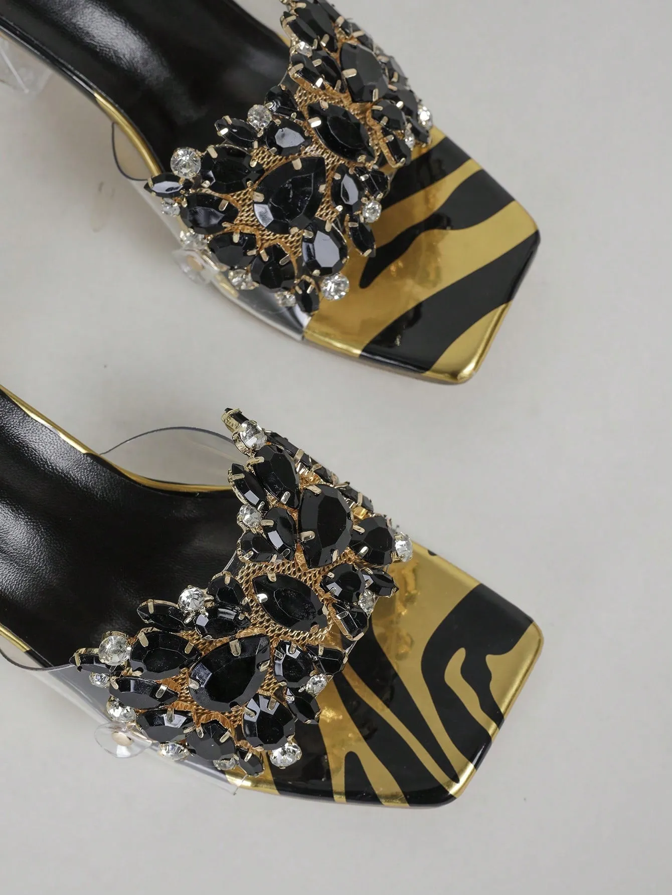 Rhinestone Decorated Buckle, Clear & Asymmetric Design Women's High Heel Wedding Sandals