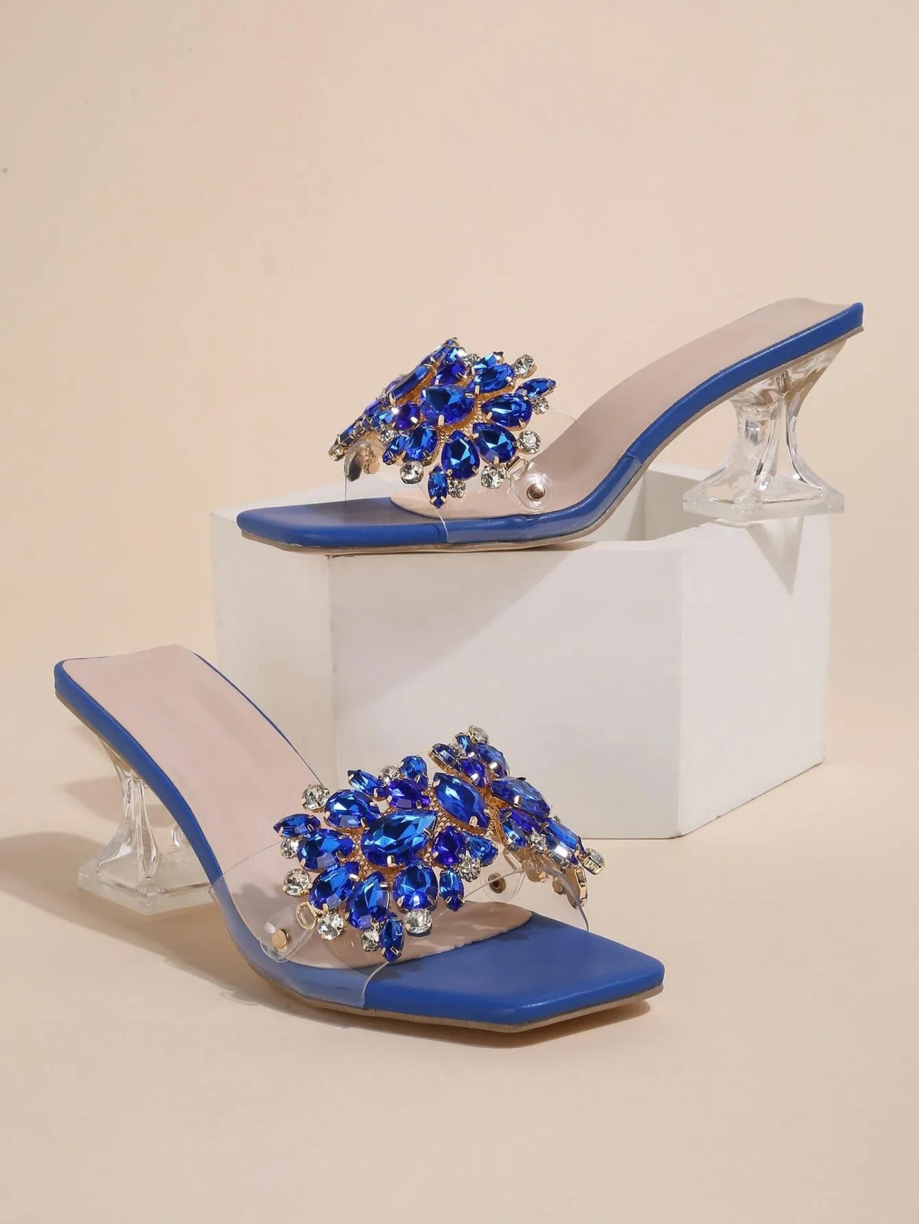 Rhinestone Decorated Buckle, Clear & Asymmetric Design Women's High Heel Wedding Sandals