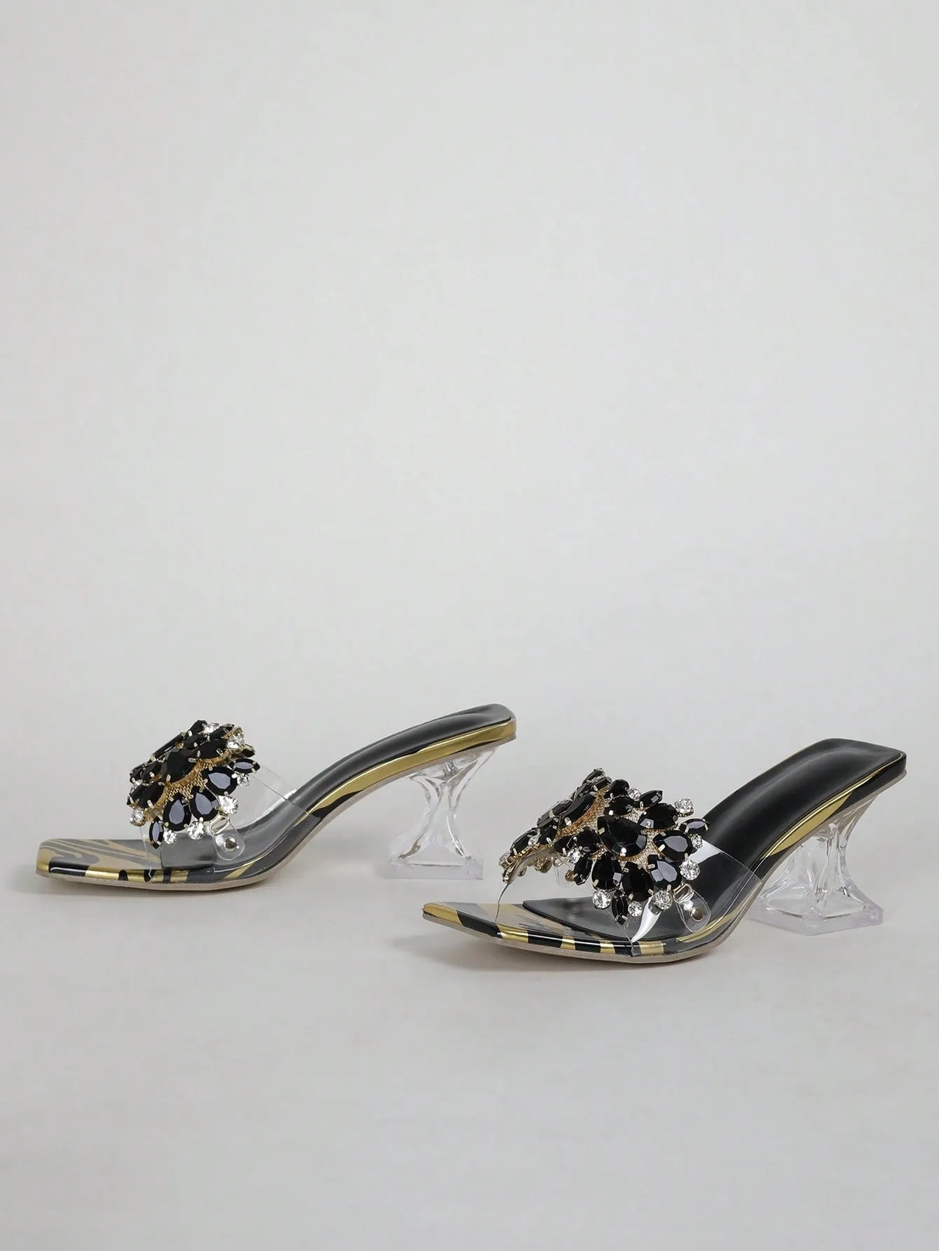 Rhinestone Decorated Buckle, Clear & Asymmetric Design Women's High Heel Wedding Sandals