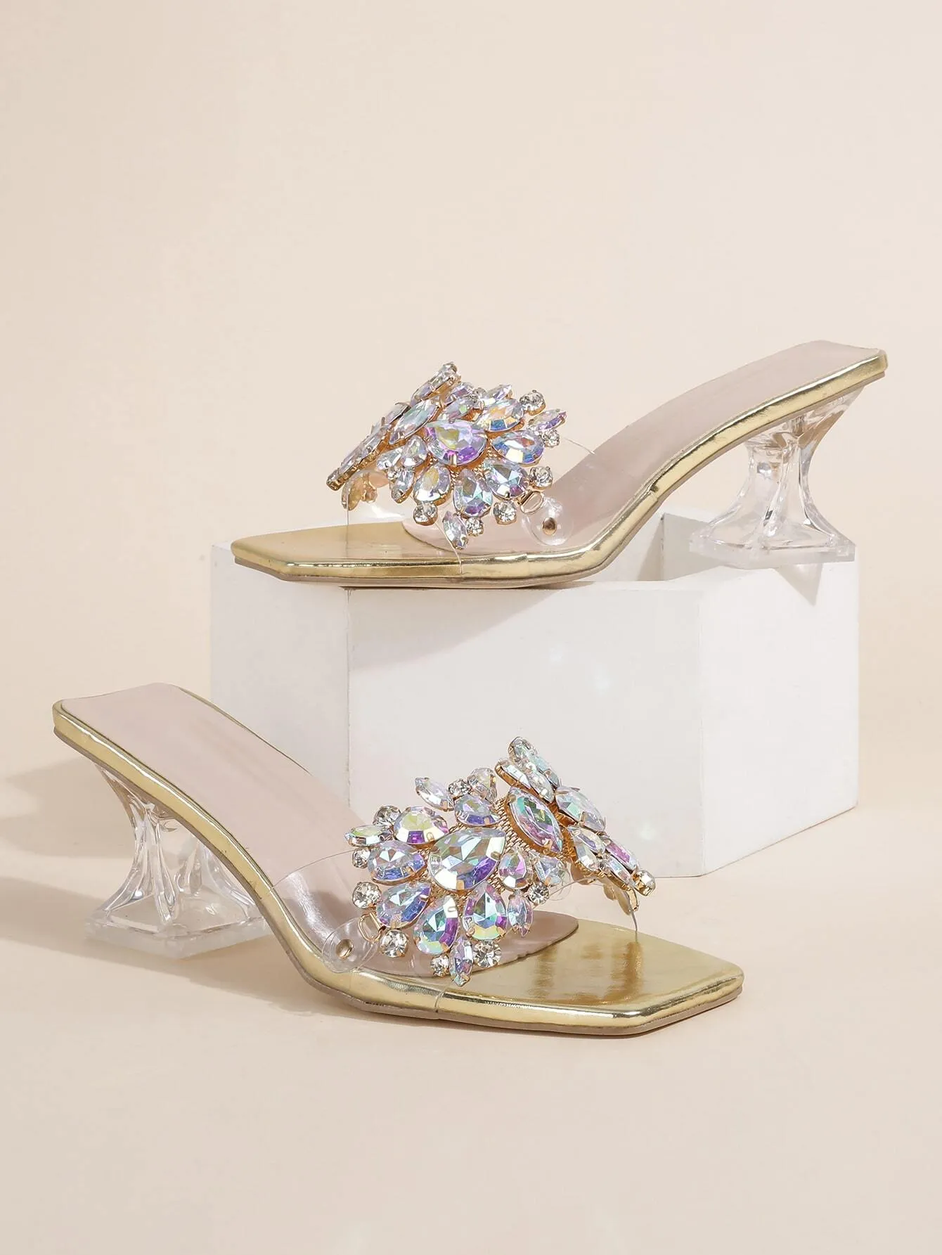 Rhinestone Decorated Buckle, Clear & Asymmetric Design Women's High Heel Wedding Sandals