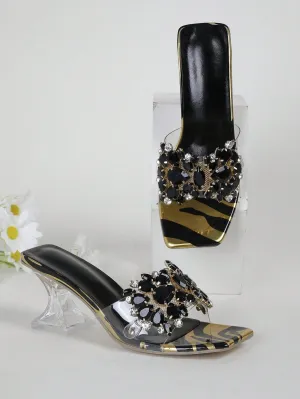 Rhinestone Decorated Buckle, Clear & Asymmetric Design Women's High Heel Wedding Sandals