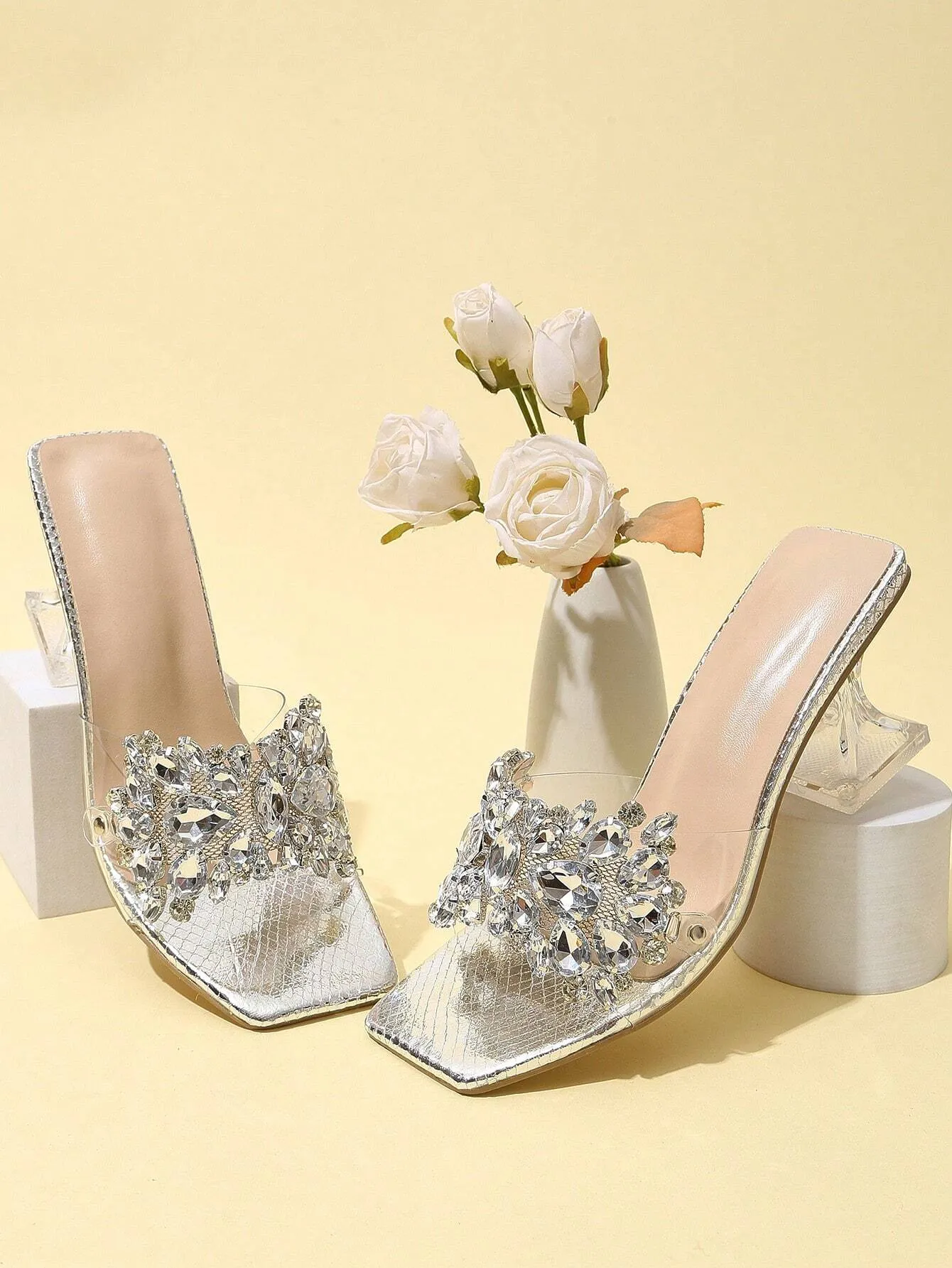 Rhinestone Decorated Buckle, Clear & Asymmetric Design Women's High Heel Wedding Sandals