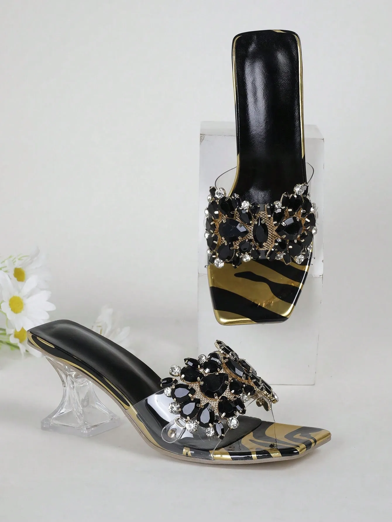 Rhinestone Decorated Buckle, Clear & Asymmetric Design Women's High Heel Wedding Sandals
