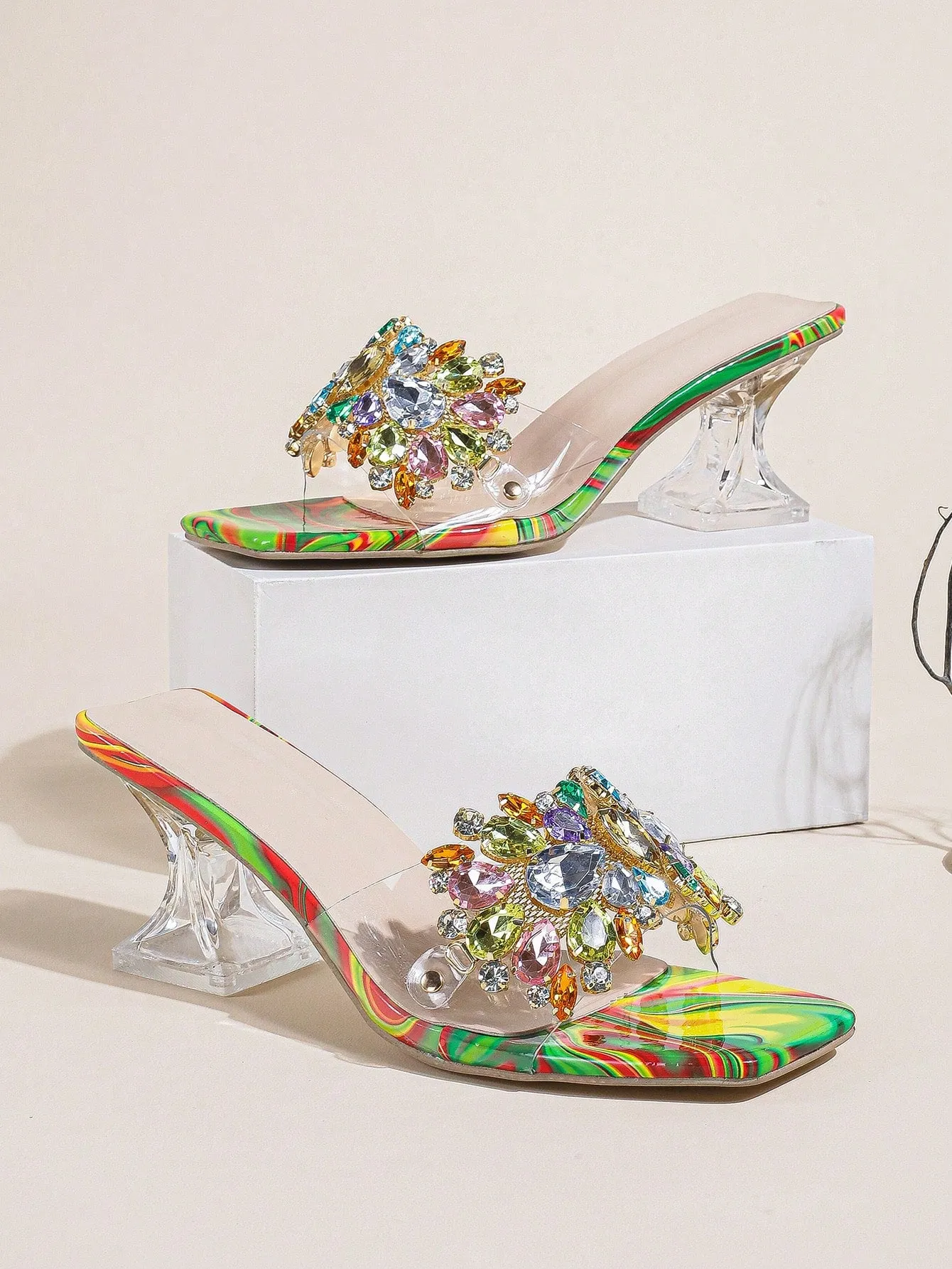 Rhinestone Decorated Buckle, Clear & Asymmetric Design Women's High Heel Wedding Sandals