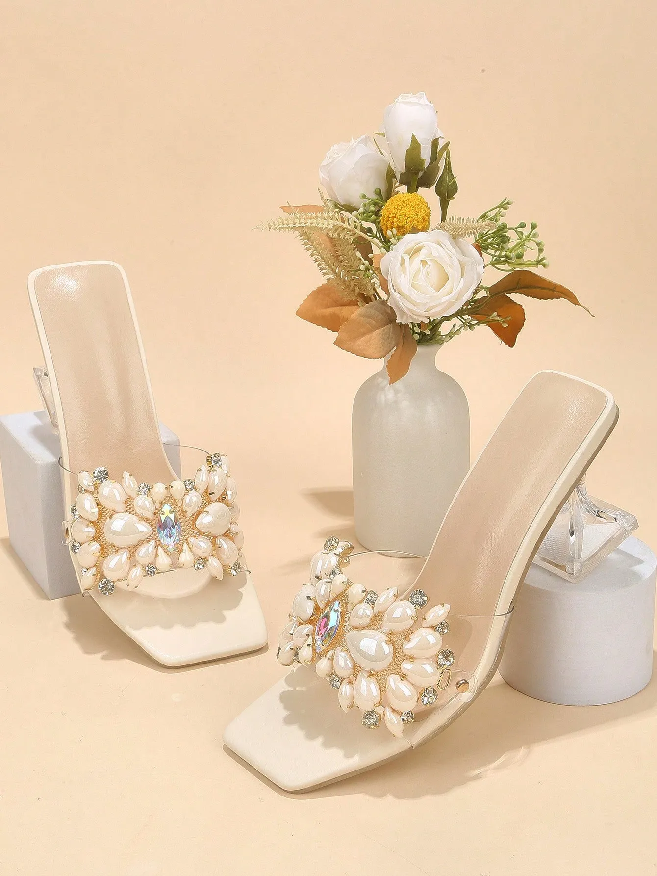 Rhinestone Decorated Buckle, Clear & Asymmetric Design Women's High Heel Wedding Sandals