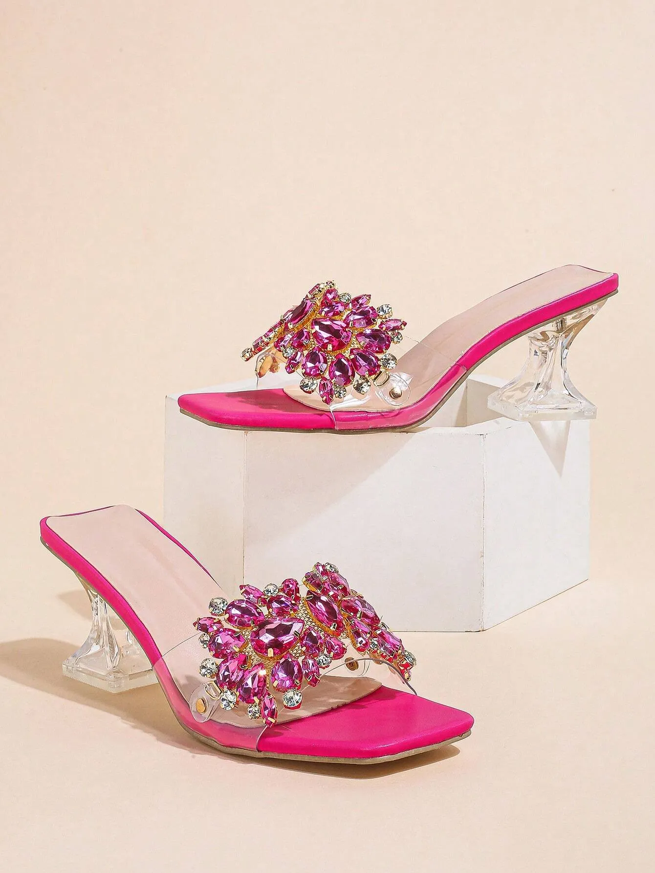 Rhinestone Decorated Buckle, Clear & Asymmetric Design Women's High Heel Wedding Sandals
