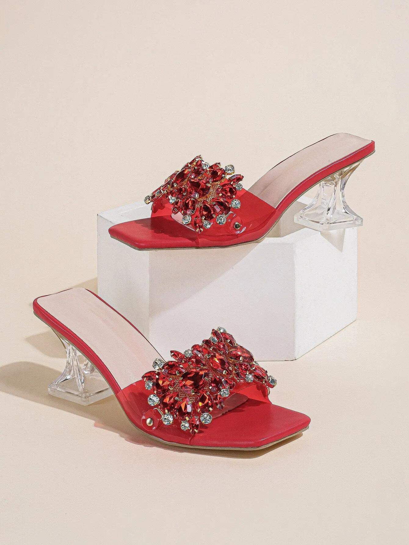 Rhinestone Decorated Buckle, Clear & Asymmetric Design Women's High Heel Wedding Sandals