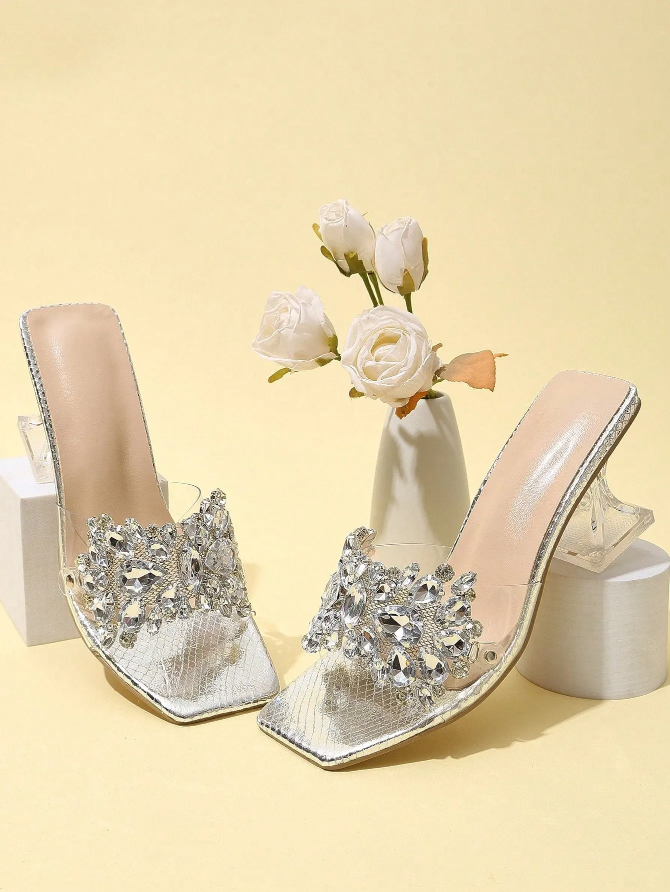 Rhinestone Decorated Buckle, Clear & Asymmetric Design Women's High Heel Wedding Sandals