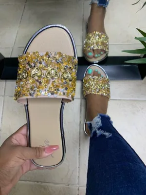 Rhinestone Heart Sandals  - Rose Gold