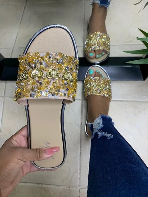 Rhinestone Heart Sandals  - Rose Gold