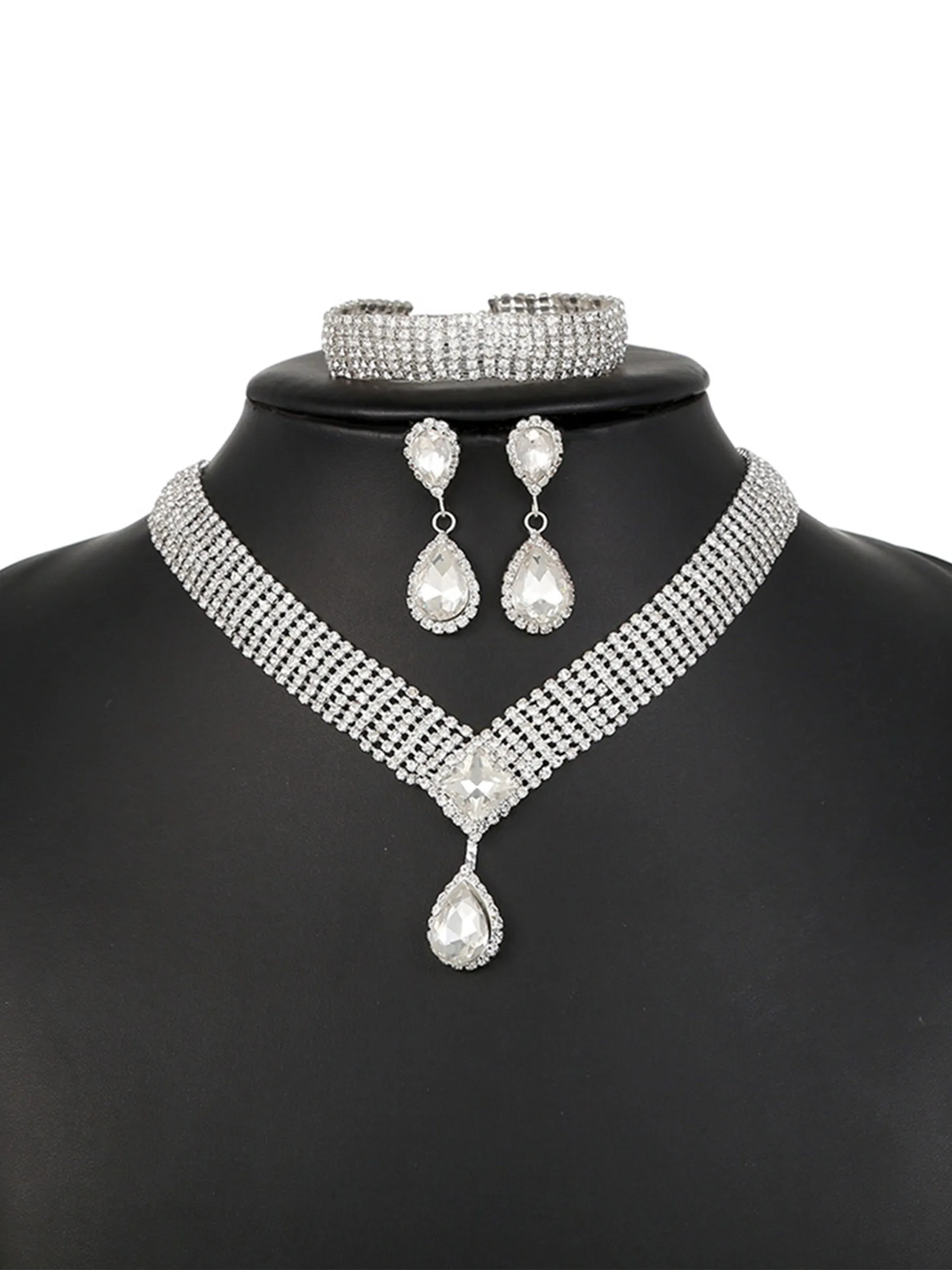 Rhinestone Jewelry Set - Necklace, Bracelet, Earrings for Women's Wedding Party
