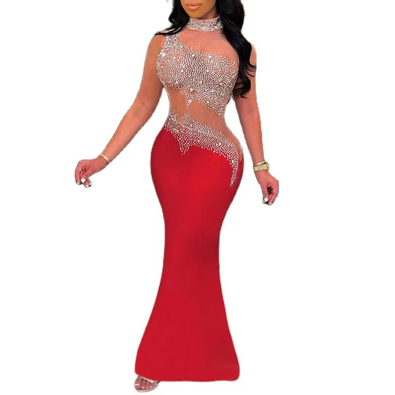 Rhinestone Mesh Splicing Dress