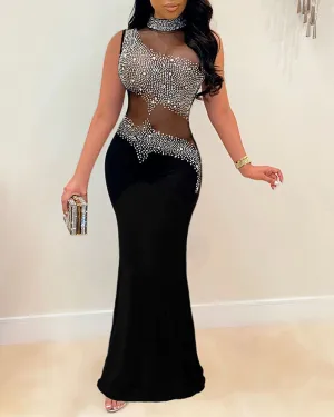 Rhinestone Mesh Splicing Dress