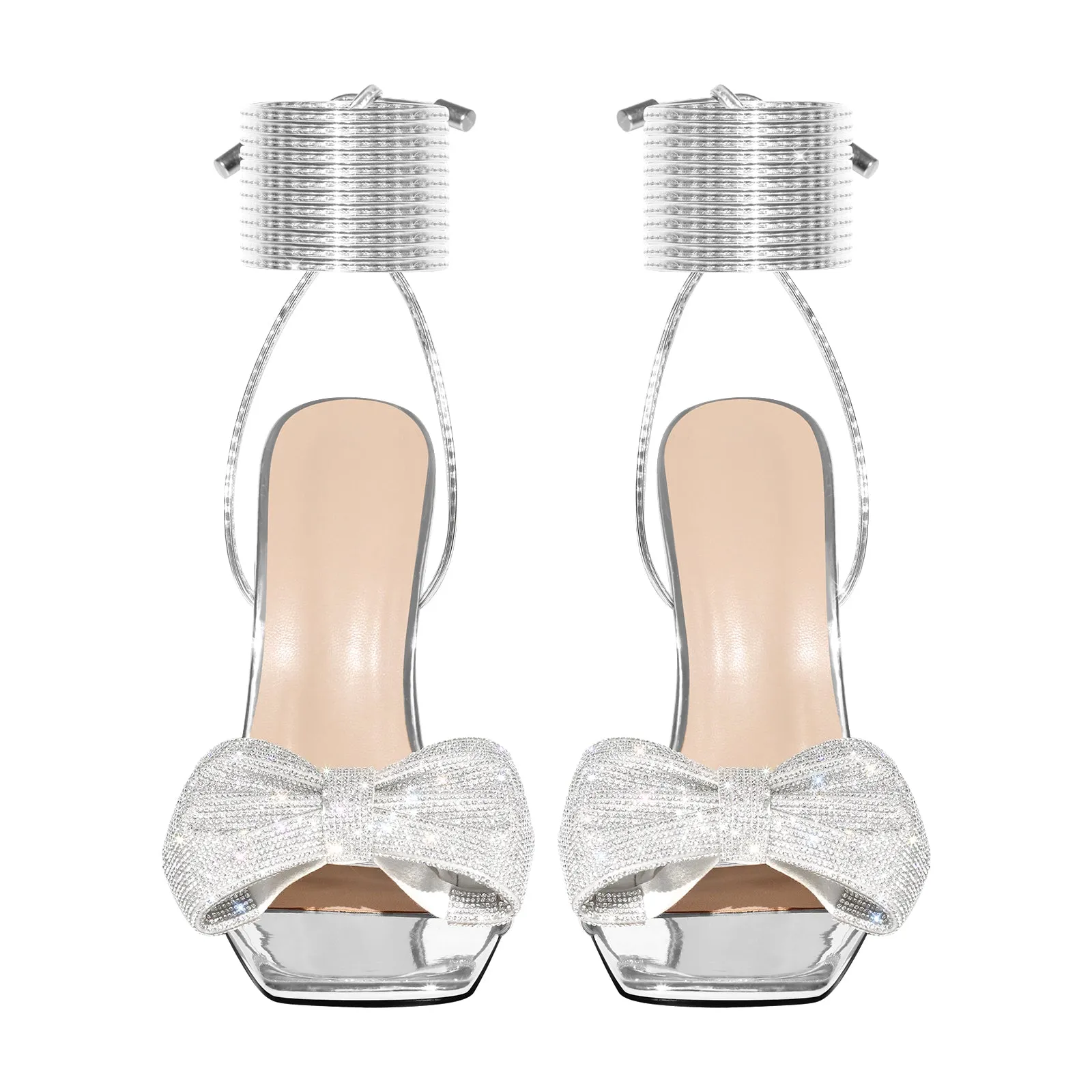 Rhinestone Square Toe Stiletto Ankle Strap Sandals