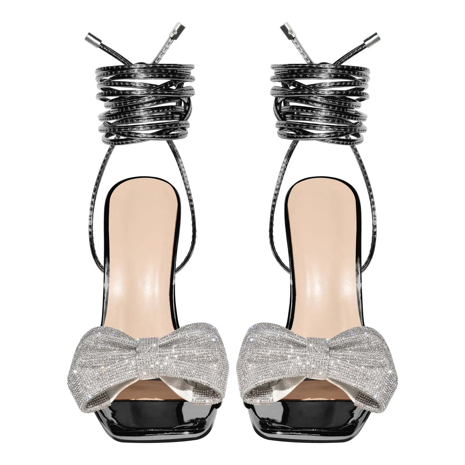 Rhinestone Square Toe Stiletto Ankle Strap Sandals