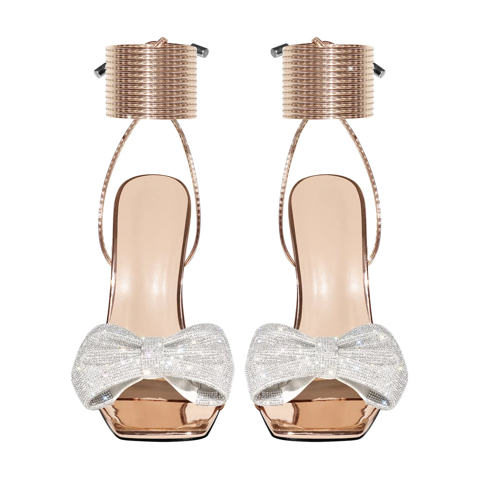 Rhinestone Square Toe Stiletto Ankle Strap Sandals