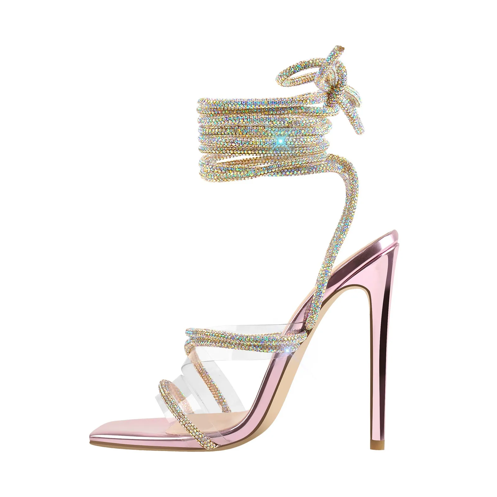 Rhinestone Straps Lace-up High Heel Sandals