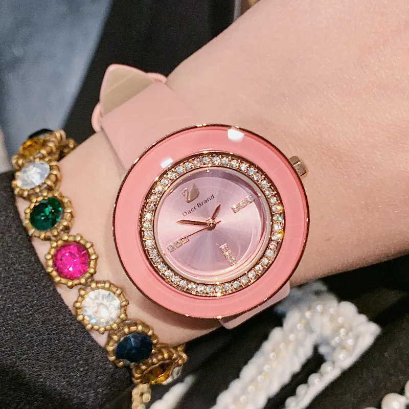 Rhinestone-studded Leather Strap Women's Watch