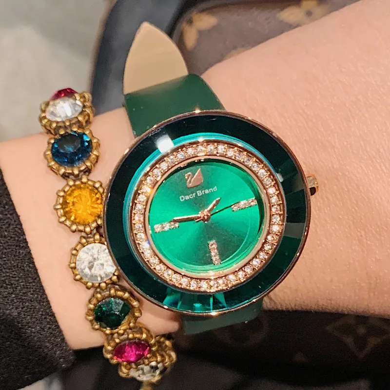 Rhinestone-studded Leather Strap Women's Watch