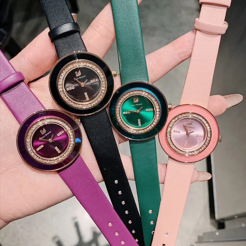 Rhinestone-studded Leather Strap Women's Watch