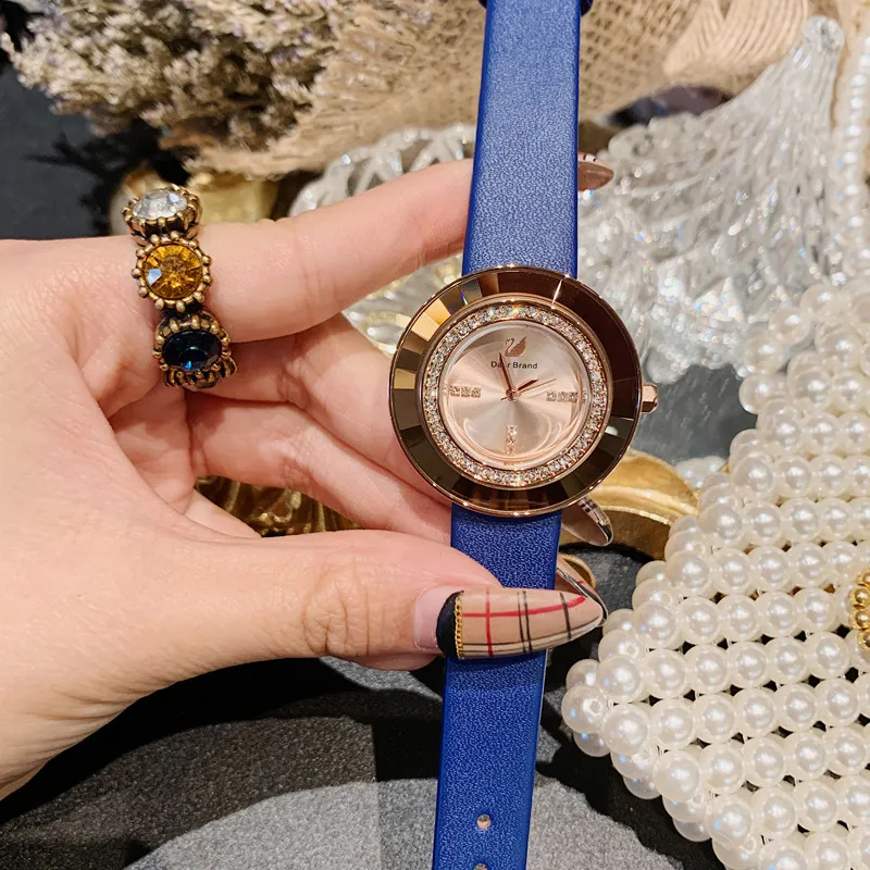 Rhinestone-studded Leather Strap Women's Watch