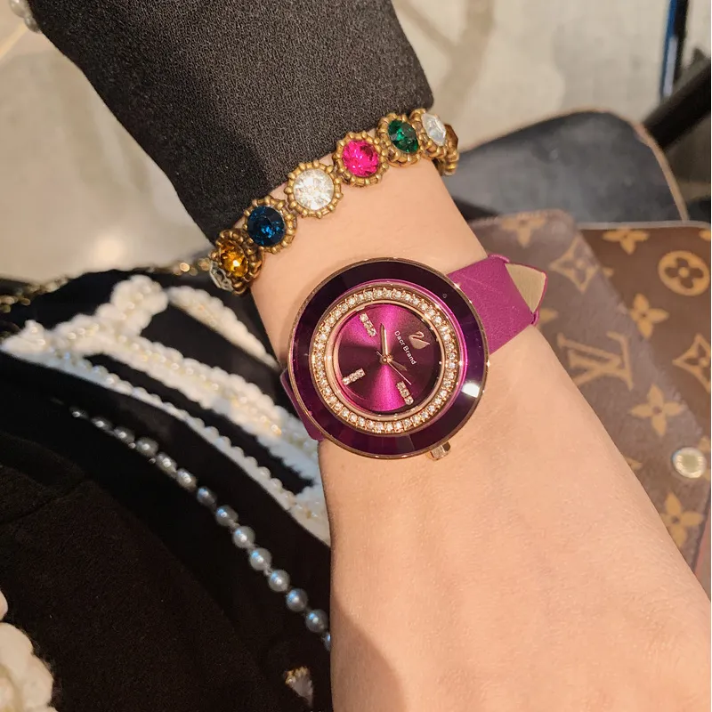 Rhinestone-studded Leather Strap Women's Watch
