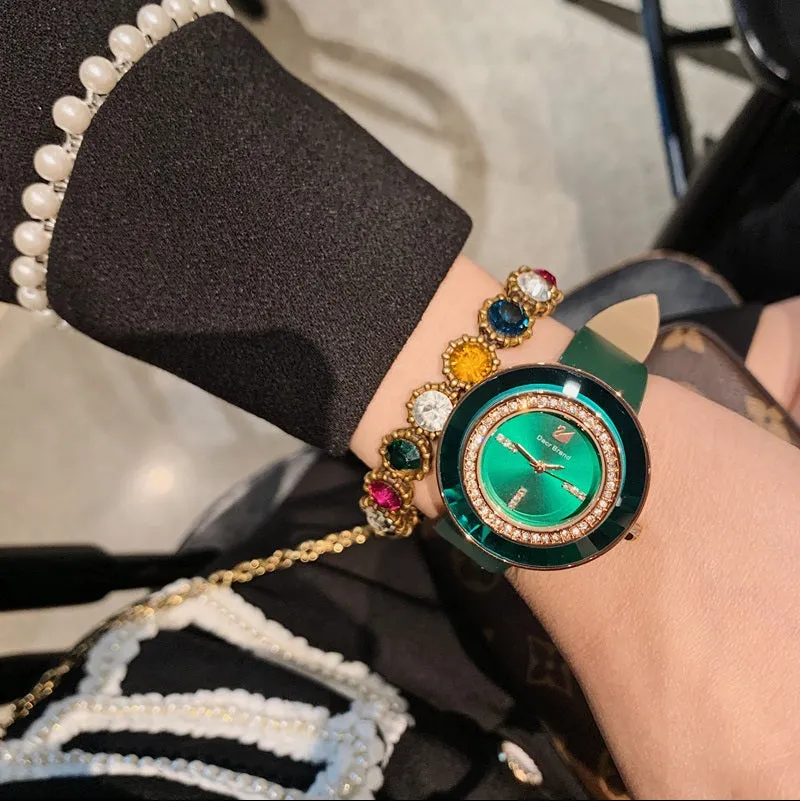 Rhinestone-studded Leather Strap Women's Watch