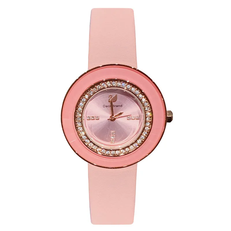 Rhinestone-studded Leather Strap Women's Watch