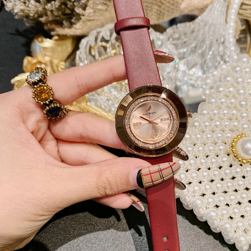 Rhinestone-studded Leather Strap Women's Watch